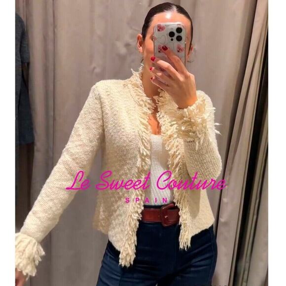 ZARA Wool-Blend Fringe Knit Cardigan NWT – Ecru Textured Jacket, Size XL - Picture 7 of 16